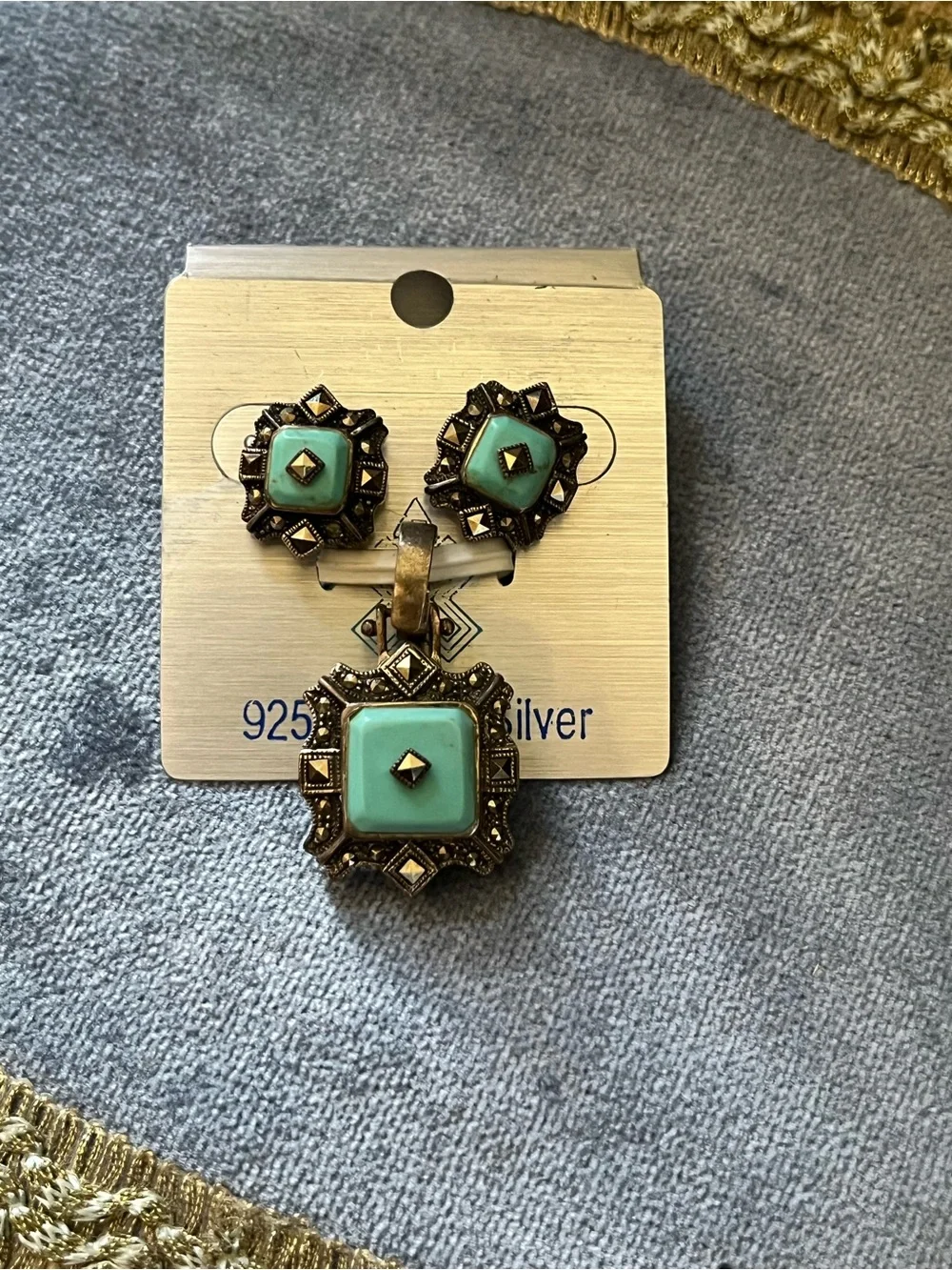 Sterling Silver Turquoise Square Pendant & Stud Earring Set